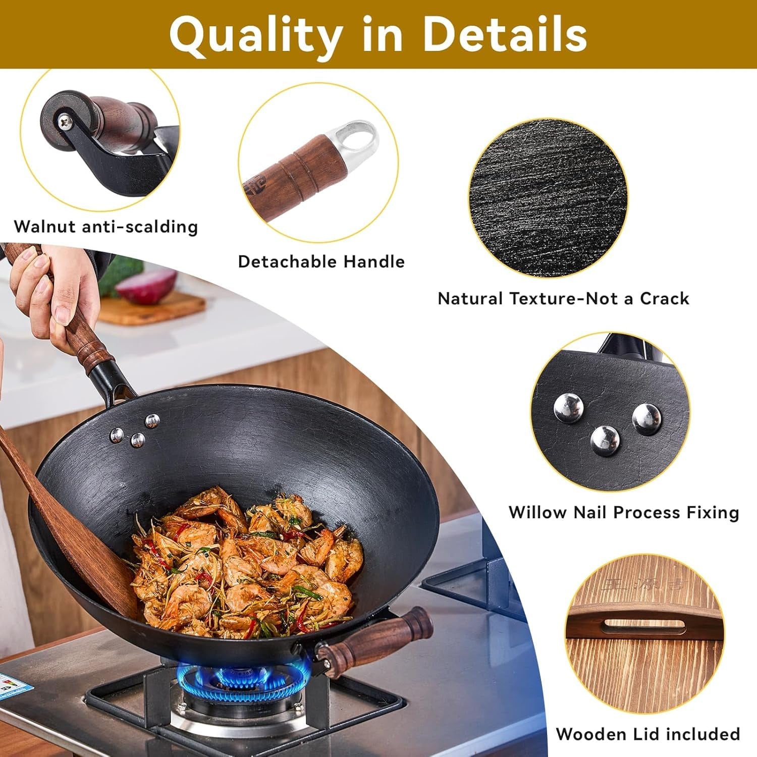 WANGYUANJI Cast Iron Wok Pan 14.2 Large Wok Stir Fry Pan Flat Bottom Wok with Lid and Wood Handle. Suitable for All Cooktops. Uncoated Craft Pot Healthy Cooking Pot - Image 4