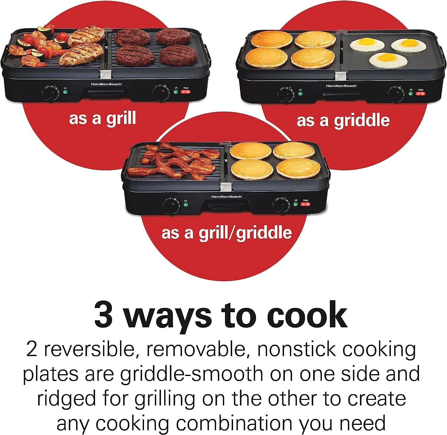 3-In-1 Electric Indoor Grill + Griddle. 8-Serving. Reversible Nonstick Plates. 2 Cooking Zones with Adjustable Temperature (38546). Black - Image 2
