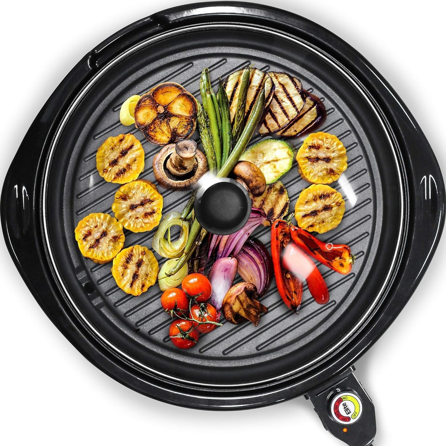 Elite Gourmet EMG-980B Smokeless Electric Tabletop Grill Nonstick. 6-Serving. Dishwasher Safe Removable Grilling Plate. Grill Indoor. Tempered Glass Lid. Adjustable Temperature. 14 Black