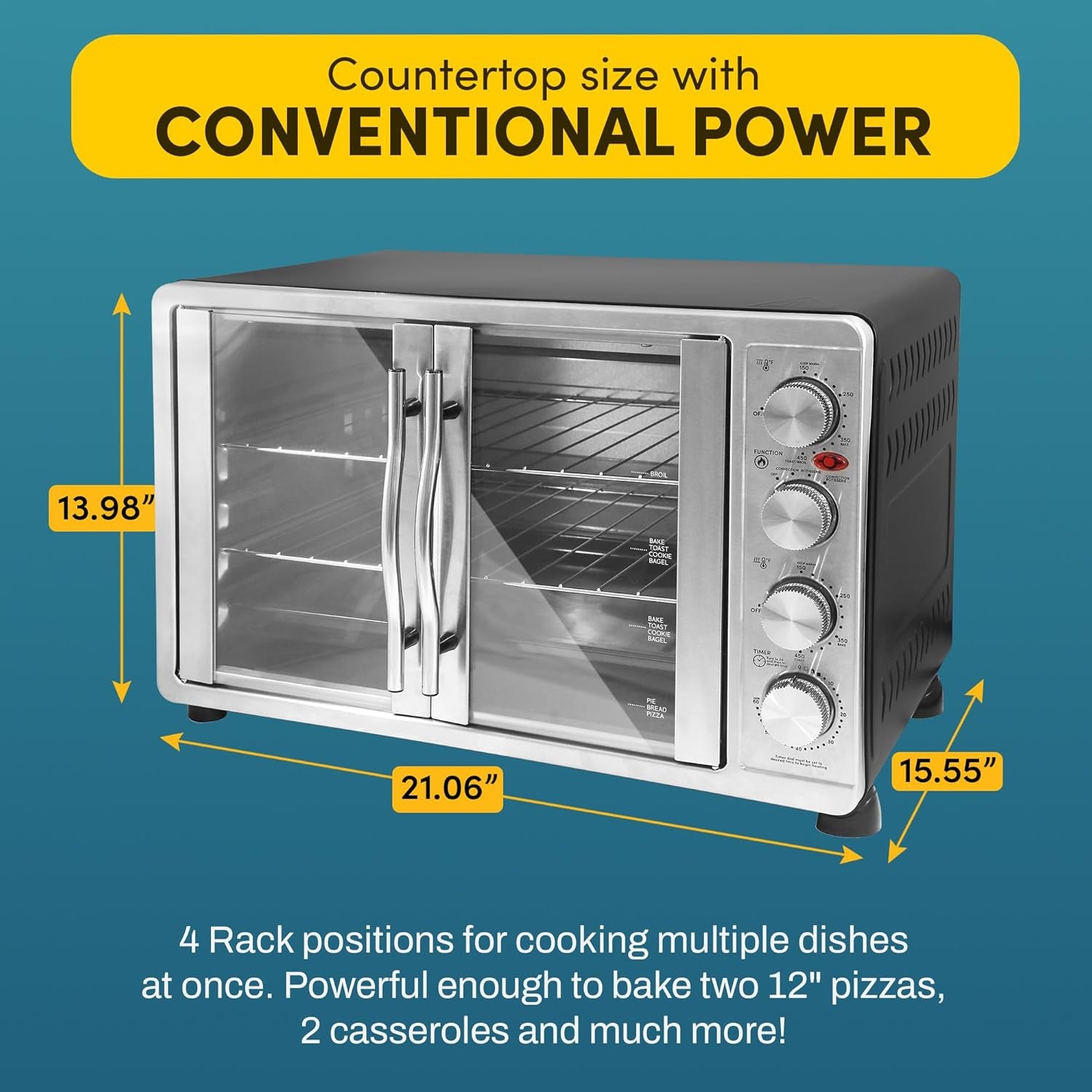 Elite Gourmet ETO-4510M French Door 47.5Qt. 18-Slice Convection Oven 4-Control Knobs. Bake Broil Toast Rotisserie Keep Warm. Includes 2 X 12 Pizza Racks. Stainless Steel - Image 4