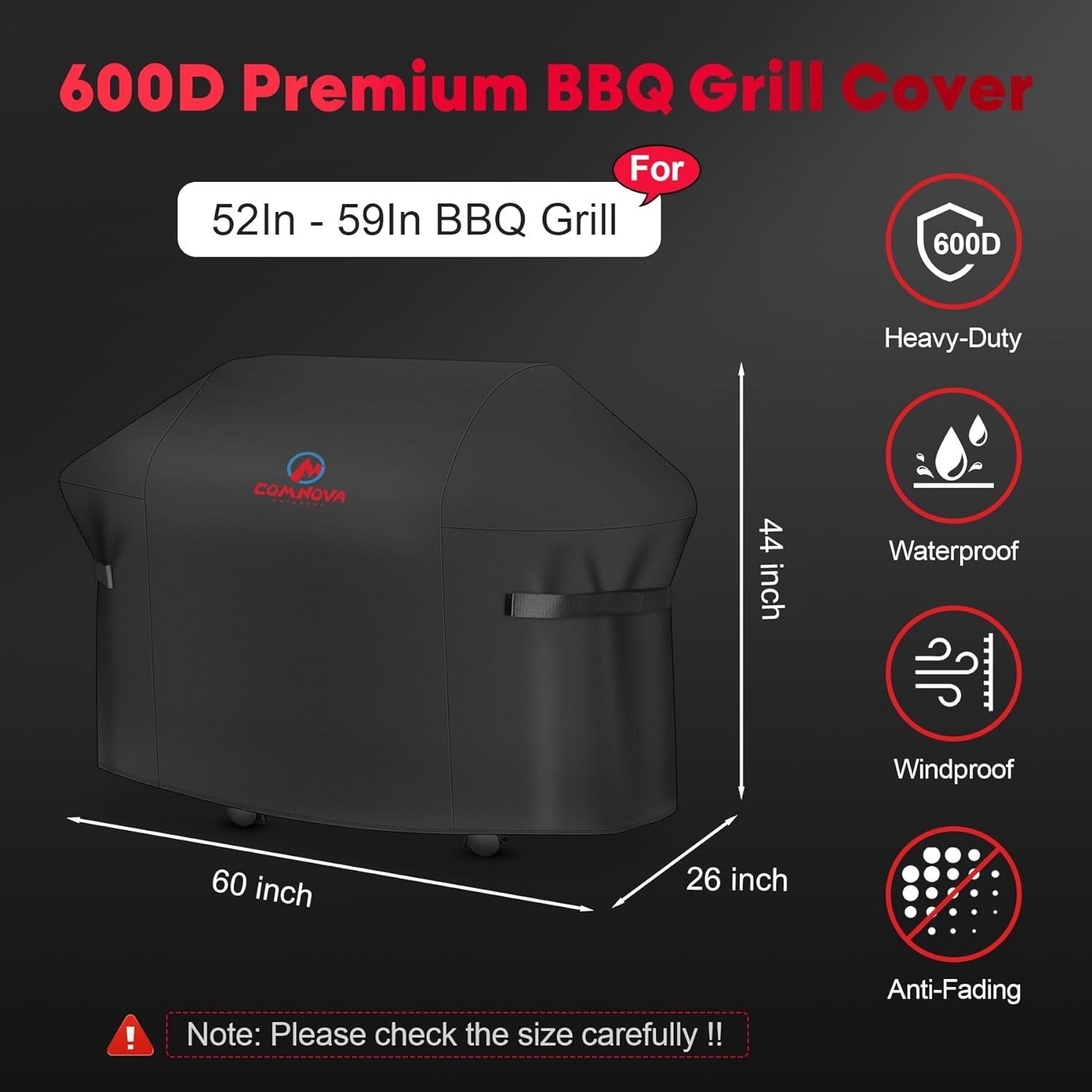 Comnova Grill Cover 60 Inch - 600D Grill Cover for Weber Genesis 300 Series Gas Grill Heavy Duty & Waterproof. Outdoor BBQ Cover for Weber. Char Broil. Dyna-Glo. Nexgrill (Not Fit Genesis E325) - Image 2