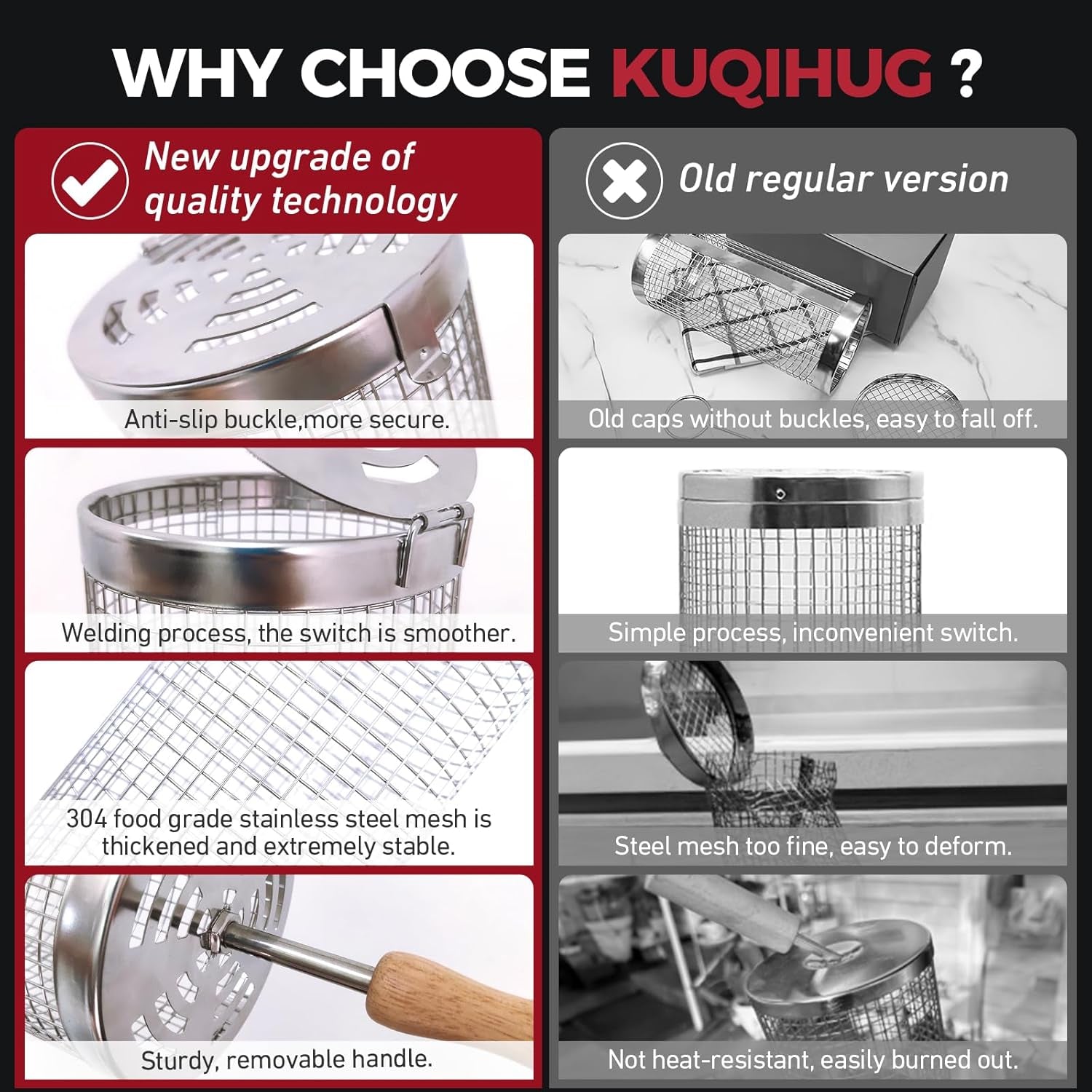 Rolling Grill Basket(2Pcs). Removable Wooden Handle. 304 Stainless Steel. Grilling Accessories Tools for Vegetables Meat Food. Outdoor Camping Grilling. Birthday Gifts for Men Husband Men - Image 5