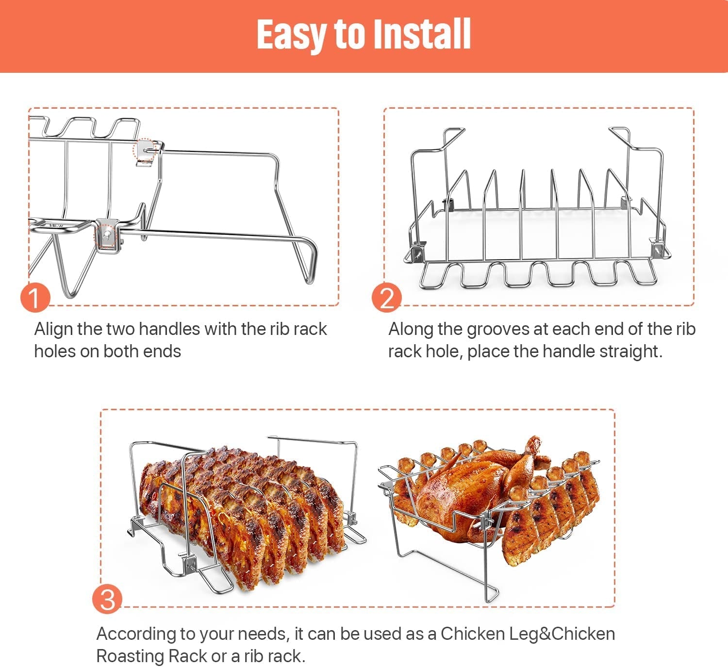 3 in 1 Extra Large Rectangle Rib Rack&Chicken Leg Rack with Brush. Stainlesss Steel Roasting Rack with 2 Handle for Smoker. Oven and Grill. Holds up to 5 Ribs. Easy to Use&Clean - Image 4
