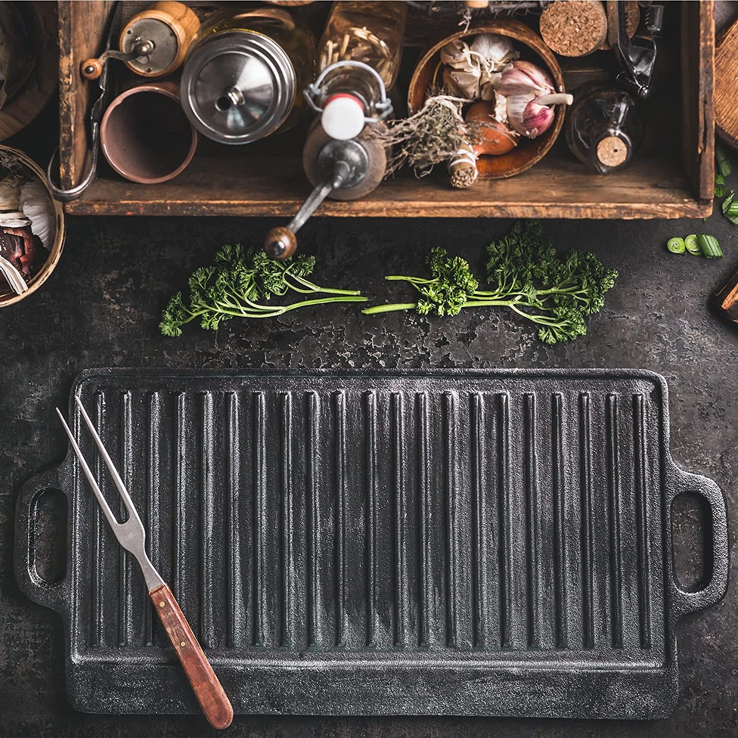 Prosource 2-In-1 Reversible 19.5 X 9 Cast Iron Griddle with Handles. Preseasoned & Non-Stick for Gas Stovetop. Oven and Open Fire. - Image 5