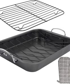Kitcom Nonstick Roasting Pan with Rack. 16 Inch X 11.5 Inch Rectangular Roaster Set for Roasting Turkey. Chicken. Meat and Veggies. Gray