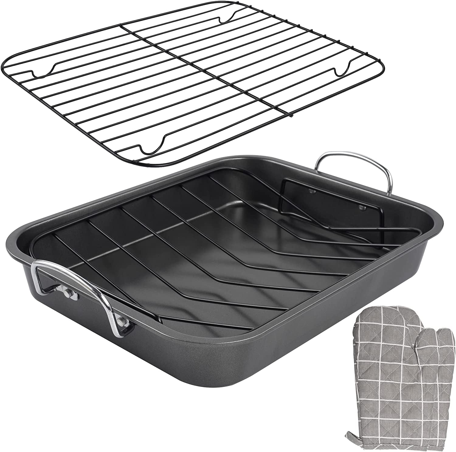 Kitcom Nonstick Roasting Pan with Rack. 16 Inch X 11.5 Inch Rectangular Roaster Set for Roasting Turkey. Chicken. Meat and Veggies. Gray