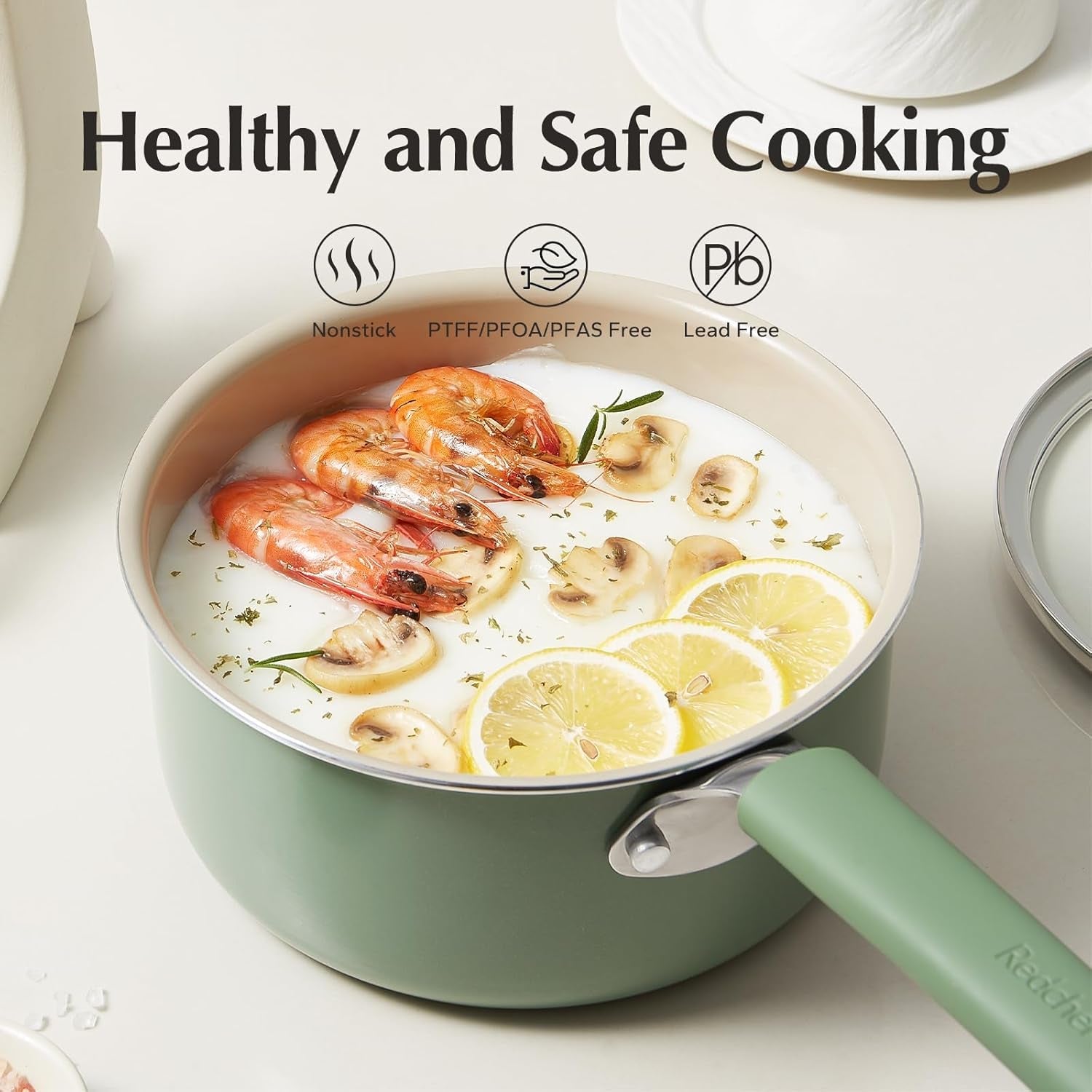 Redchef 3QT Ceramic Nonstick Saucepan with Lid – PFAS Free. Cool Handle. All Cooktops. Green - Image 4