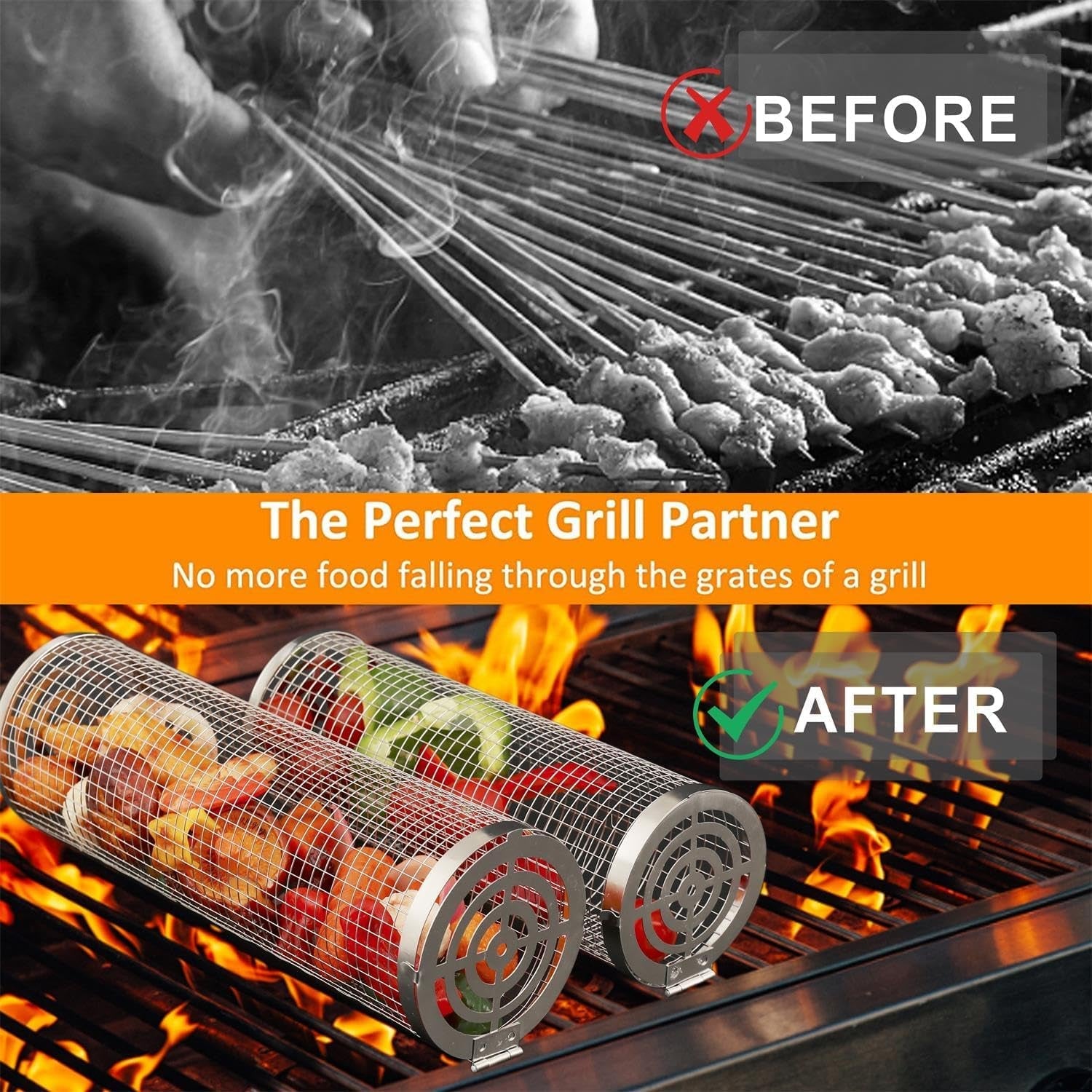 Feniola Rolling Grilling Basket - 2 PCS round Stainless Steel Grill Net for Outdoor Grill for Vegetables. Meat - BBQ Accessories Included - Image 2