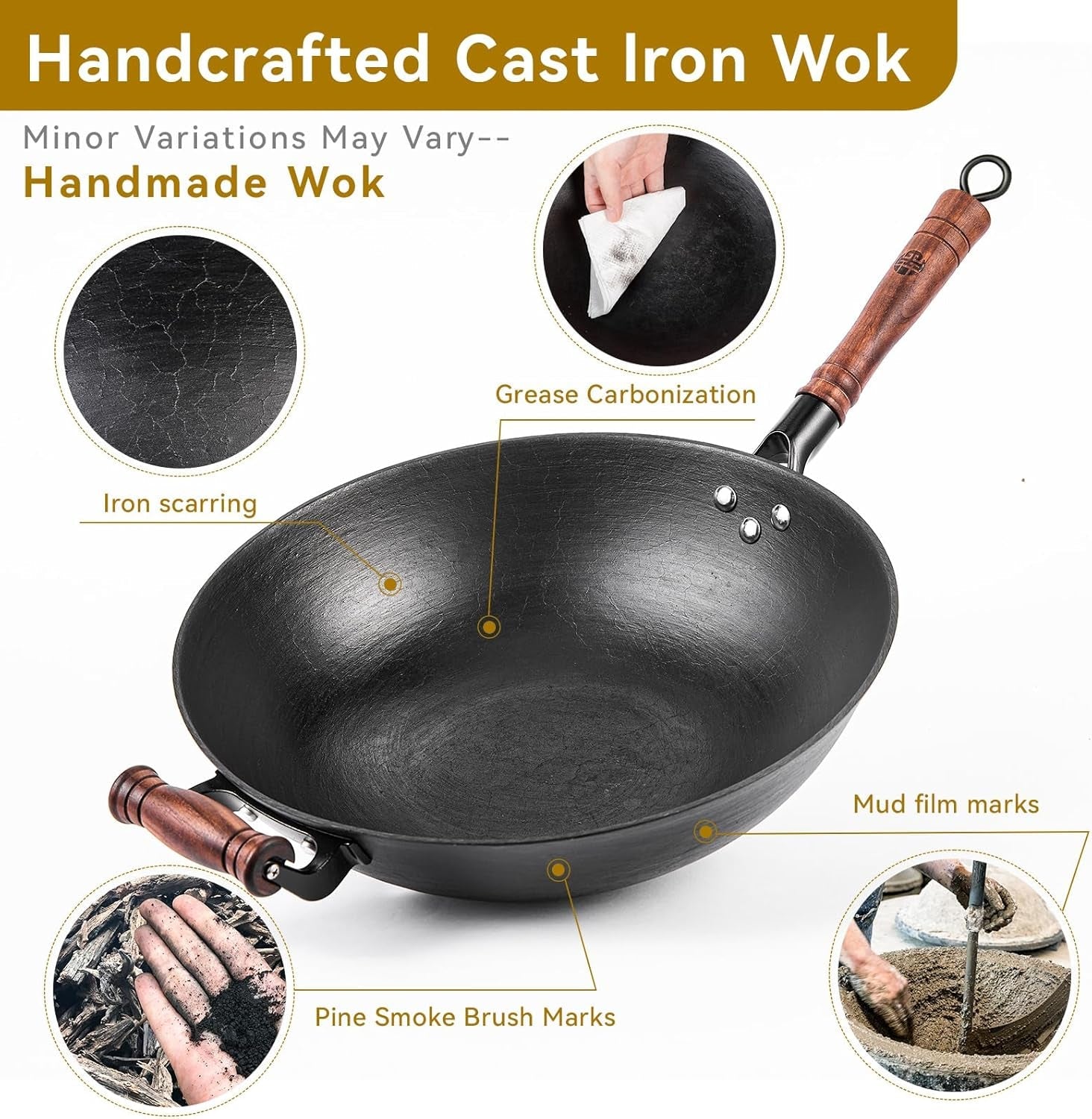 WANGYUANJI Cast Iron Wok Pan 14.2 Large Wok Stir Fry Pan Flat Bottom Wok with Lid and Wood Handle. Suitable for All Cooktops. Uncoated Craft Pot Healthy Cooking Pot - Image 6