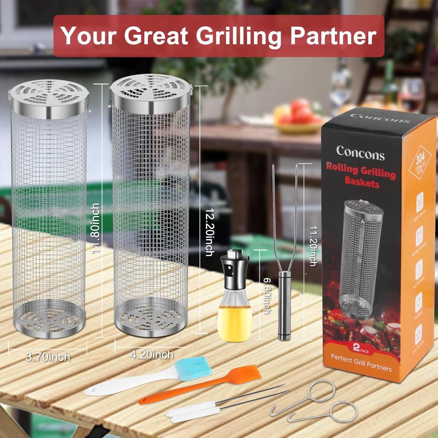 Grill Basket 2 PCS. Rolling Grill Baskets for Outdoor Grill. Grilling Accessories. Stainless Steel BBQ Net Tube Baskets with Oil Sprayer for Veggies. Shrimp. Grilling Gifts for Men - Image 2