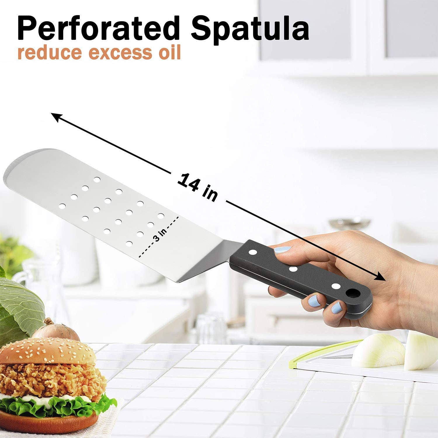 Hasteel Metal Griddle Spatula. Stainless Steel Long Spatula with Riveted Handle. Heavy Duty Perforated & Solid Spatula Burger Turner for Teppanyaki BBQ Flat Top Grilling Cooking. Dishwasher Safe - Image 3