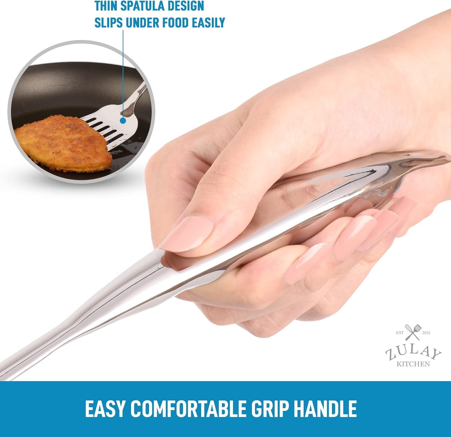 Zulay Kitchen Heavy Duty Stainless Steel Metal Spatula - 14.8 Stainless Steel Spatula for Cooking - Spatula Stainless Steel for Frying - Ergonomic Easy Grip Handle - Slotted Turner Grill Spatula - Image 6