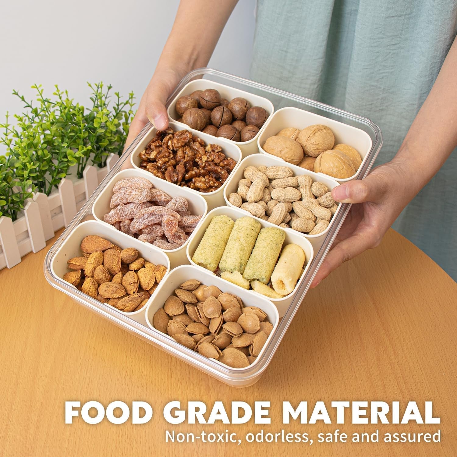 Divided Serving Tray with Lid and Handle.8 Compartments Snacks Box.Snack Fruit and Veggie Tray.Portable Platter for Candy Fruits Nuts Snack Party Entertaining Picnic (1 PCS) - Image 7