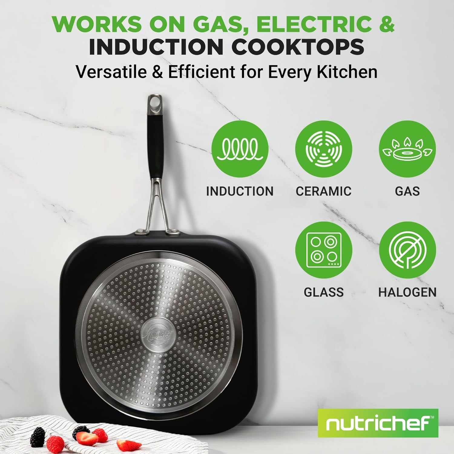 Nutrichef Copper Pan Non-Stick Coating Inside. Hard-Anodized Look Heat Resistant Lacquer Outside. Silicone Handle NCSQPA. 1 Griddle - Image 5