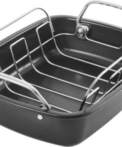 KITESSENSU Nonstick Turkey Roasting Pan with Rack 17 X 14 Inch - Large Chicken Roaster Pan for Oven - Wider Handles & Heavy Duty Construction - Suitable for 24Lb Turkey. Gray