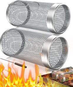 Rolling Grill Baskets. Heavy-Duty 304 Stainless Steel Material. round BBQ Grilling Baskets for Veggies. Fish. BBQ Net Tube Barbeque Vegetable Grill Accessories. Cage Cylinder 2 PACK (Two Large)