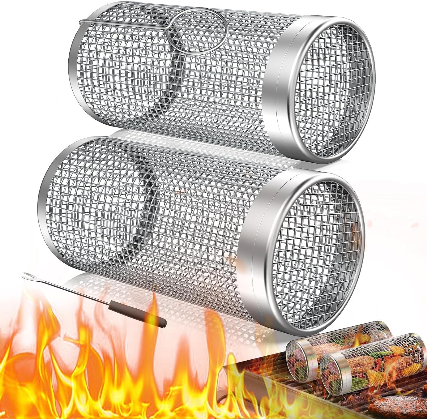 Rolling Grill Baskets. Heavy-Duty 304 Stainless Steel Material. round BBQ Grilling Baskets for Veggies. Fish. BBQ Net Tube Barbeque Vegetable Grill Accessories. Cage Cylinder 2 PACK (Two Large)