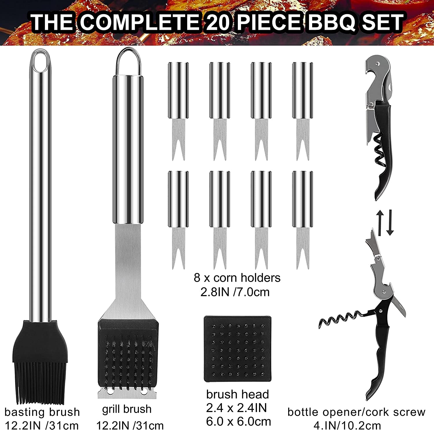 20PCS Heavy Duty BBQ Grill Tools Set - Extra Thick Stainless Steel Spatula. Fork& Tongs. Complete Barbecue Accessories Kit in Aluminum Storage Case - Perfect Grill Gifts for Men - Image 3