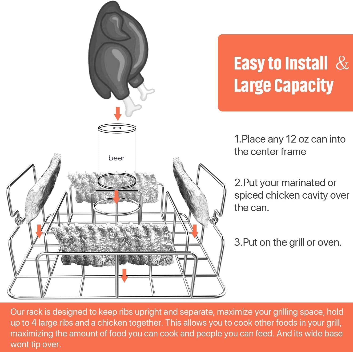 RUSFOL Beercan Chicken Roaster and Rib Rack with a Silicone Oil Brush. Square Stainless Steel BBQ Stand for Smoker.Oven and Grill. Cook up to 4 Ribs and a Whole Chicken at a Time - Image 4