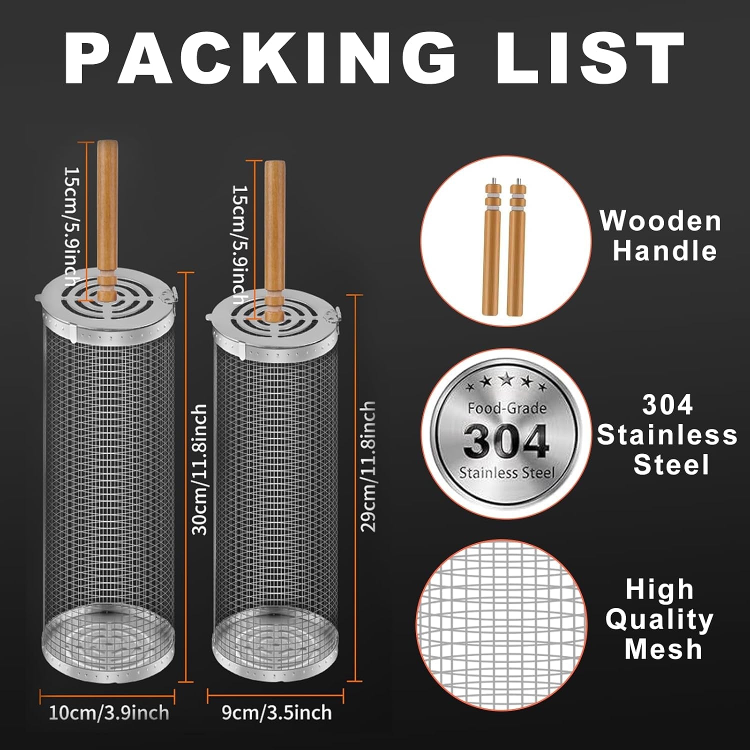 2 PCS Nesting Grill Baskets Rolling Grilling Baskets. Removable Wooden Handle. Stainless Steel Grill Accessories Set. Portable Grill Vegetables. Fish. Shrimp. Meat. Fries for Men Dad Husband - Image 5