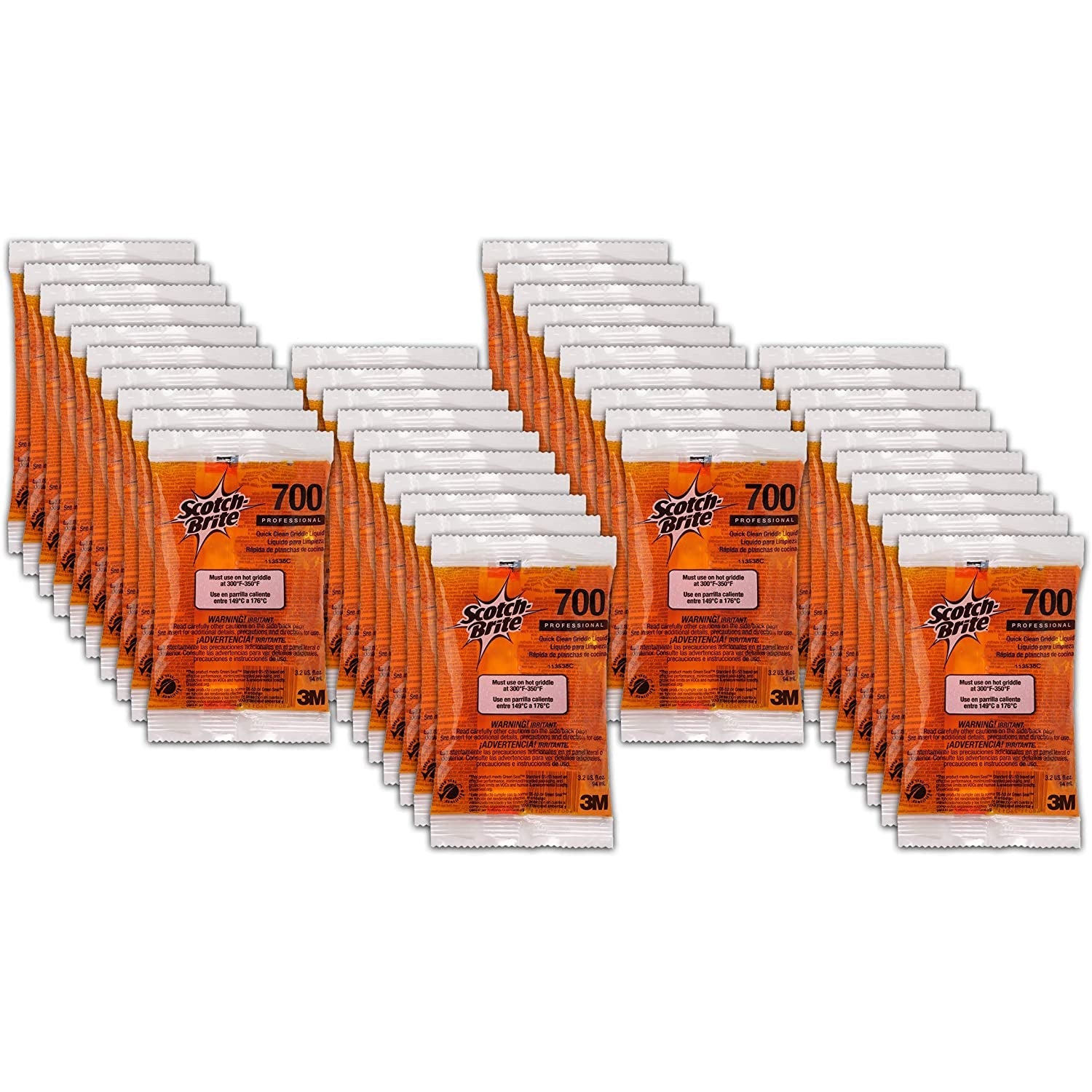 Scotch-Brite Griddle Cleaning. Quick Clean Liquid 700-40. 3.2 Oz Packet. 40/Pack. Heavy Duty. Cleans in 3-5 Minutes. for Baked on Food and Cooking Oils. Use on Hot or Cool Griddle