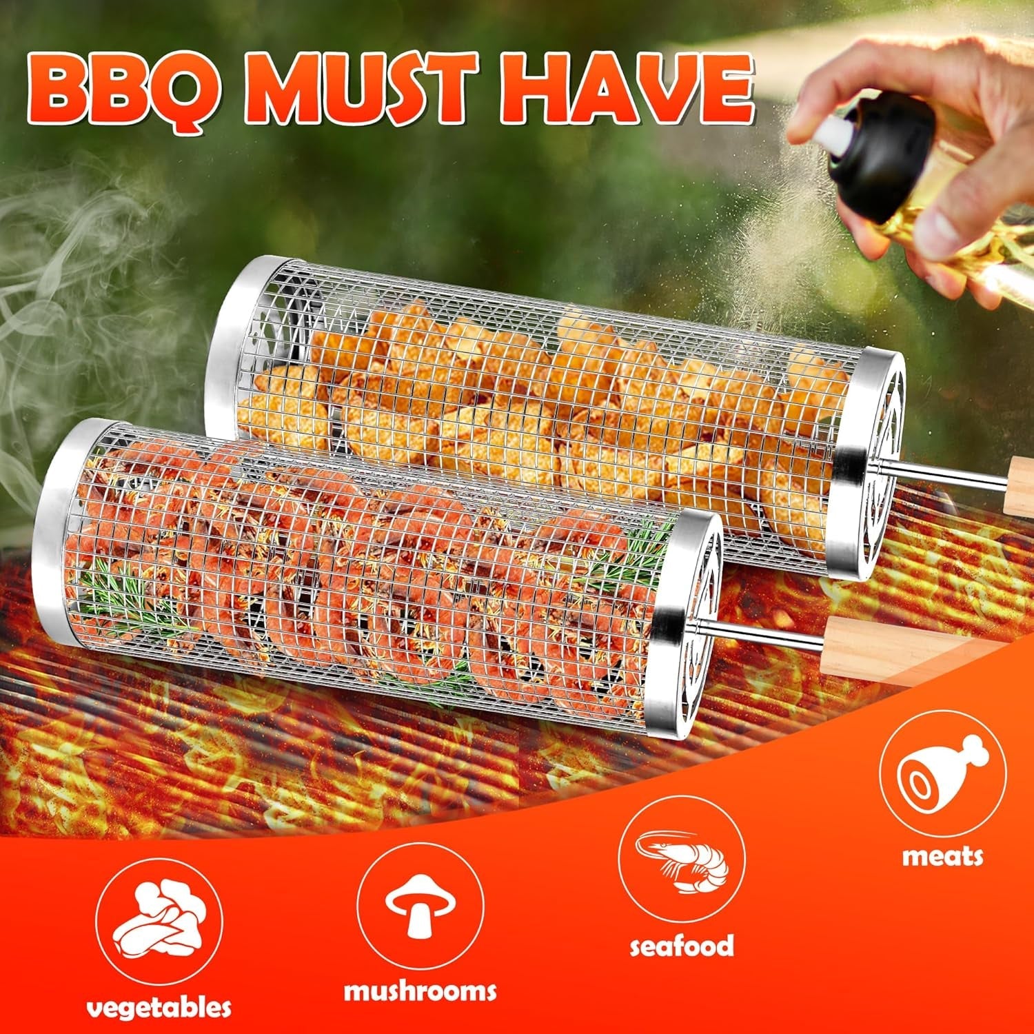 2‑Pack Stainless Steel Rolling Grill Baskets – Locking Handle. Round Design for Fish. Meat & Veggies | BBQ Gift Idea - Image 4