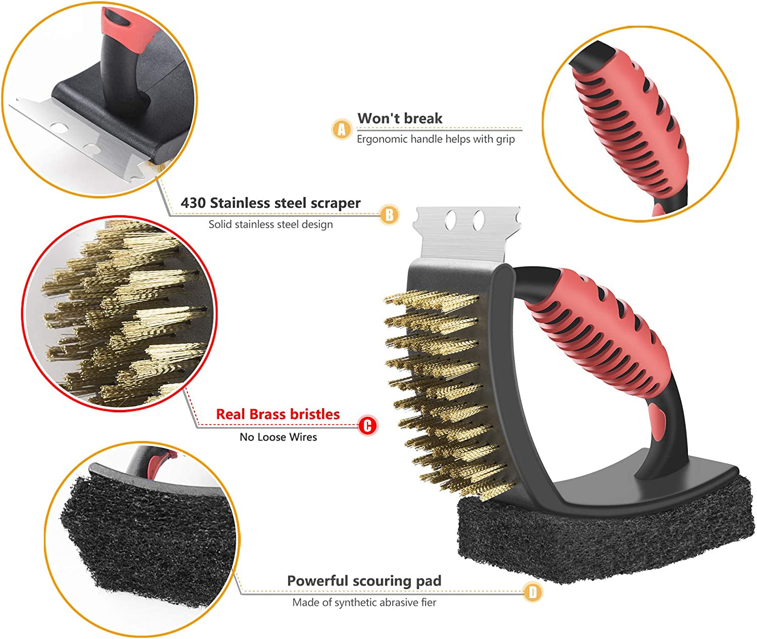 Grill Brush for Outdoor Grill. Brass Grill Cleaning Brush BBQ Cleaning Brush for Outdoor Grill. Multifunctional with Brass Bristle Scouring Pad and Scraper Grill Cleaner Brush and Scraper - Image 2