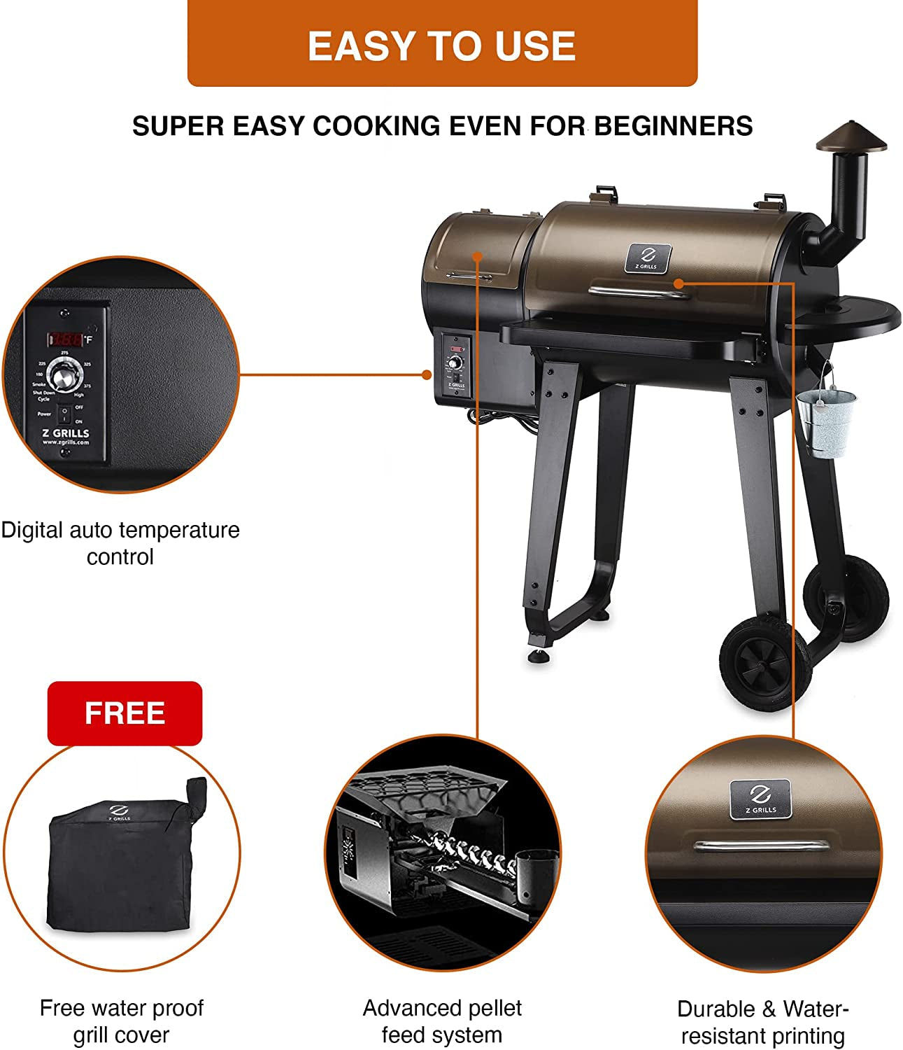 ZPG-450A 2023 Upgrade Wood Pellet Grill & Smoker 6 in 1 BBQ Grill Auto Temperature Control. 450 Sq in Bronze - Image 4