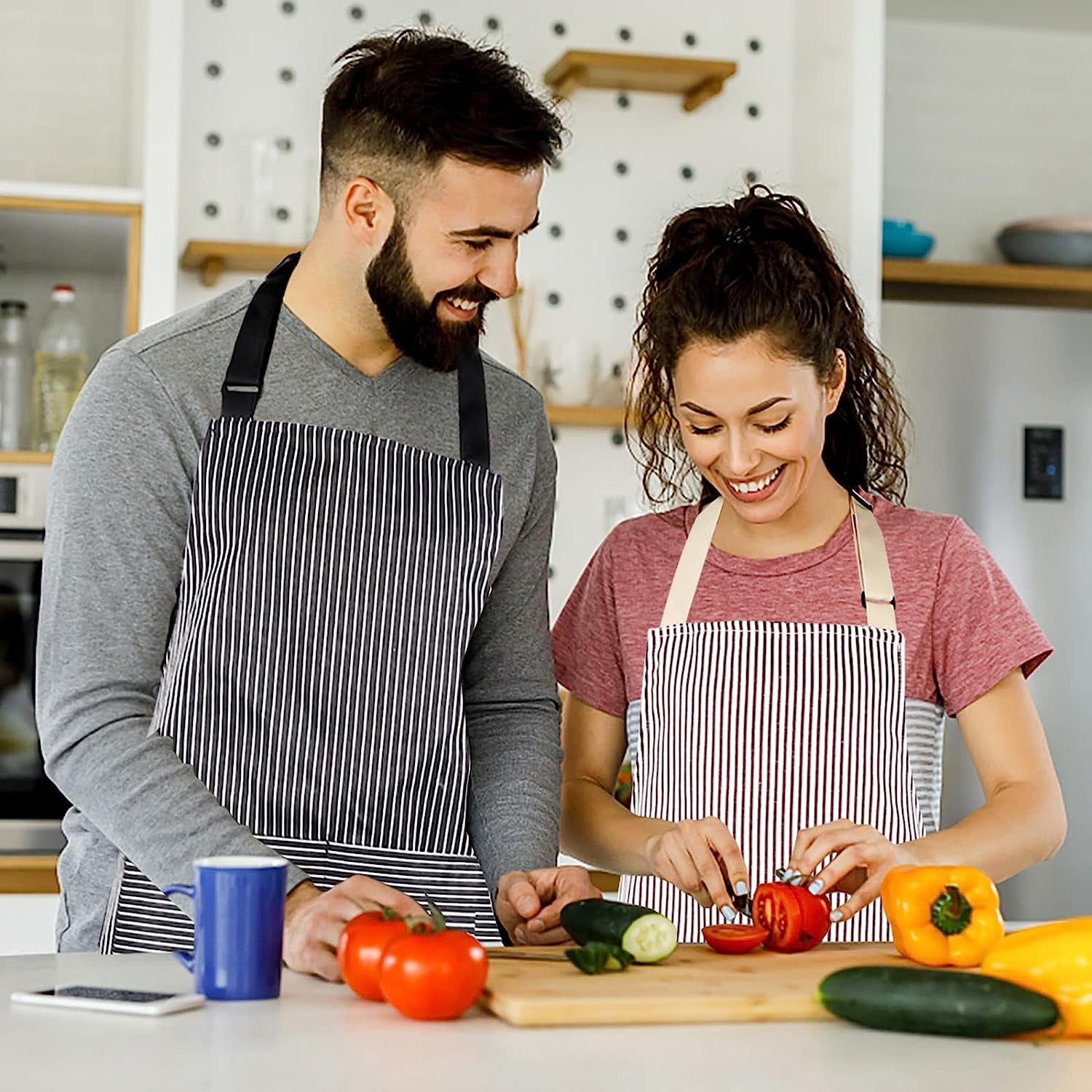 2 Pack Apron. Cotton Cooking Kitchen Aprons. Adjustable Bib Apron with 2 Pockets for Men Women Chef Aprons.(Black/Brown Stripes) - Image 5