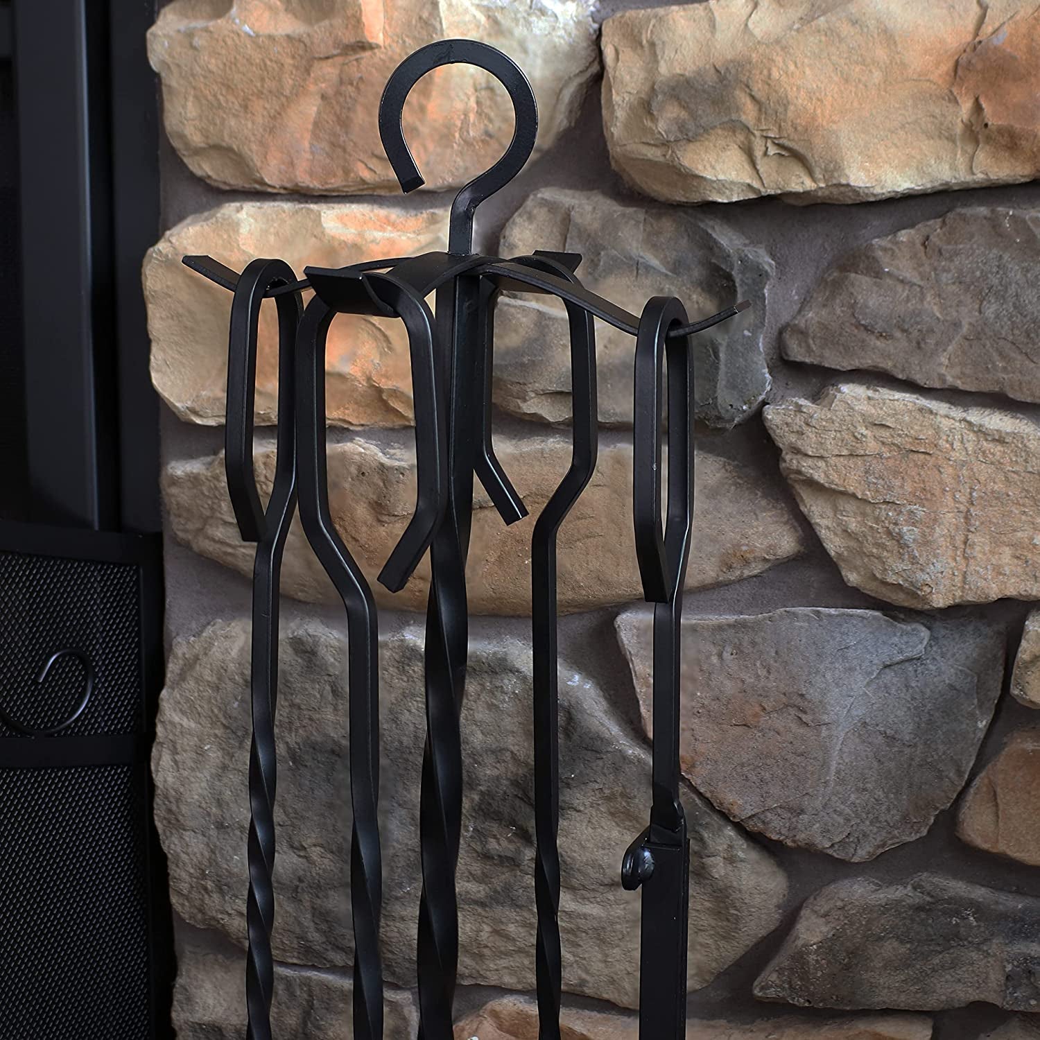 Sunnydaze 4-Piece Fireplace Tool Set with Stand - Heavy-Duty Black Steel Poker. Shovel. Log Grabber and Broom - Image 9
