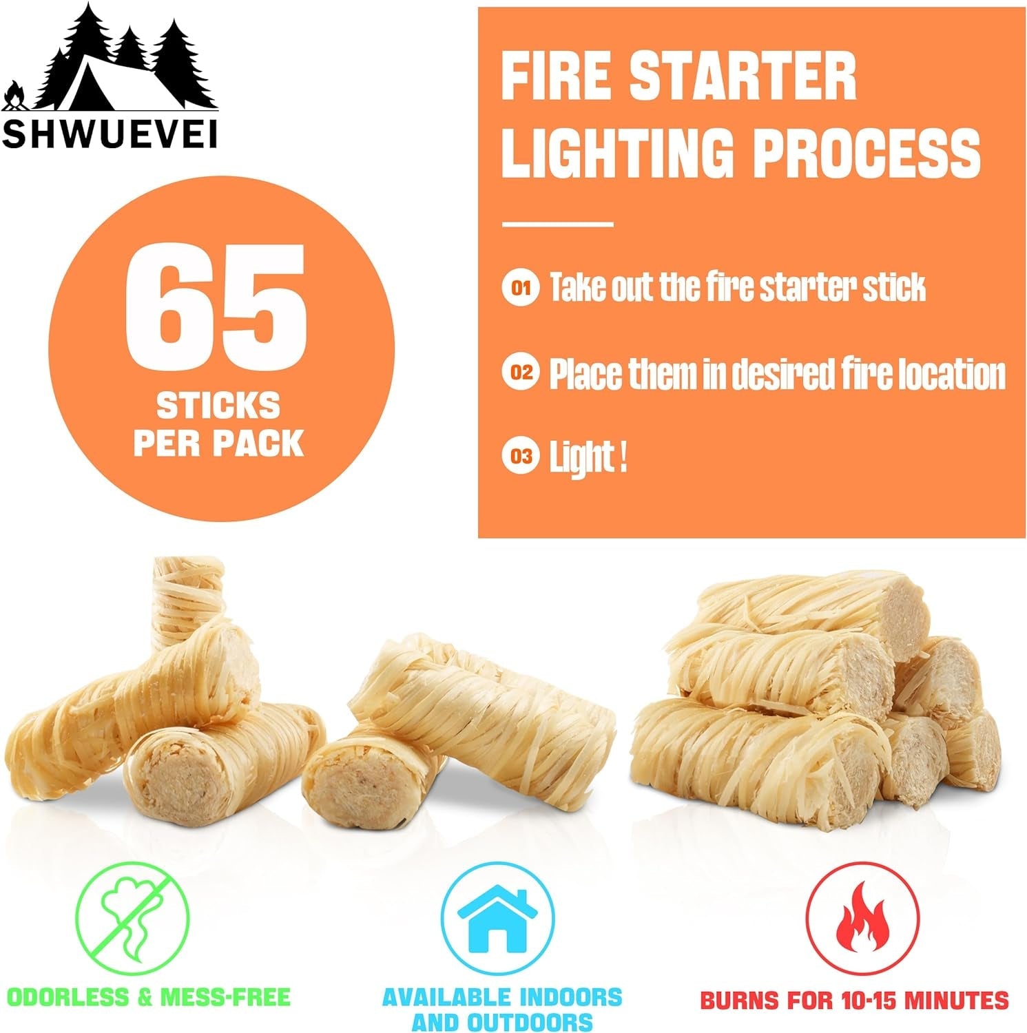 Shwuevei 65 Pcs Fire Starter - Natural Fire Starters for Fireplace. Pellet Stove & Wood. Fire Pit. Smoker. BBQ. Chimney. Pizza Oven - Fire Starters for Grill. Charcoal Starter - Image 8