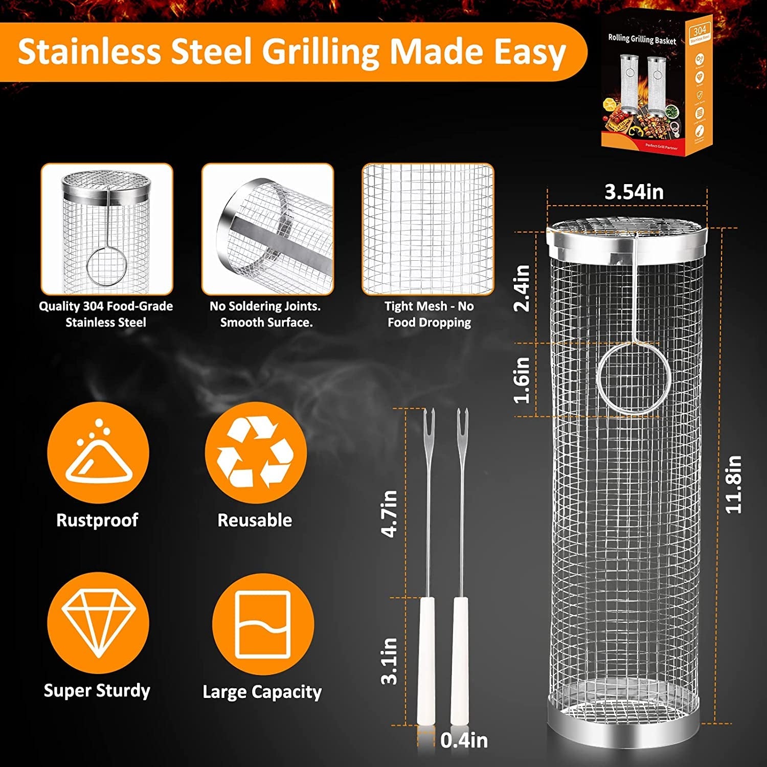 Grill Basket 2 PCS. BBQ Grill Basket. Rolling Grilling Basket. Stainless Steel Grill Mesh Barbeque Grill Accessories. Portable Grill Baskets for Outdoor Grill for Fish. Shrimp. Meat. Vegetables. Fries - Image 3