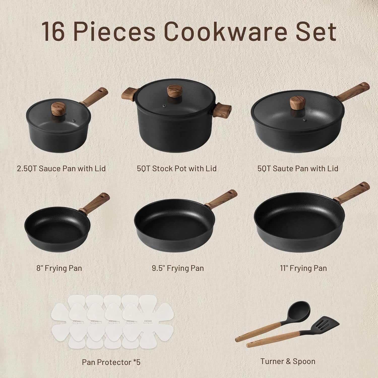 CAROTE Nonstick Pots and Pans. Induction Cookware Set 16Pcs Kitchen Cooking Sets. Pot and Pan Non Stick W/Frying Pan (PFOS. PFOA Free) - Image 2