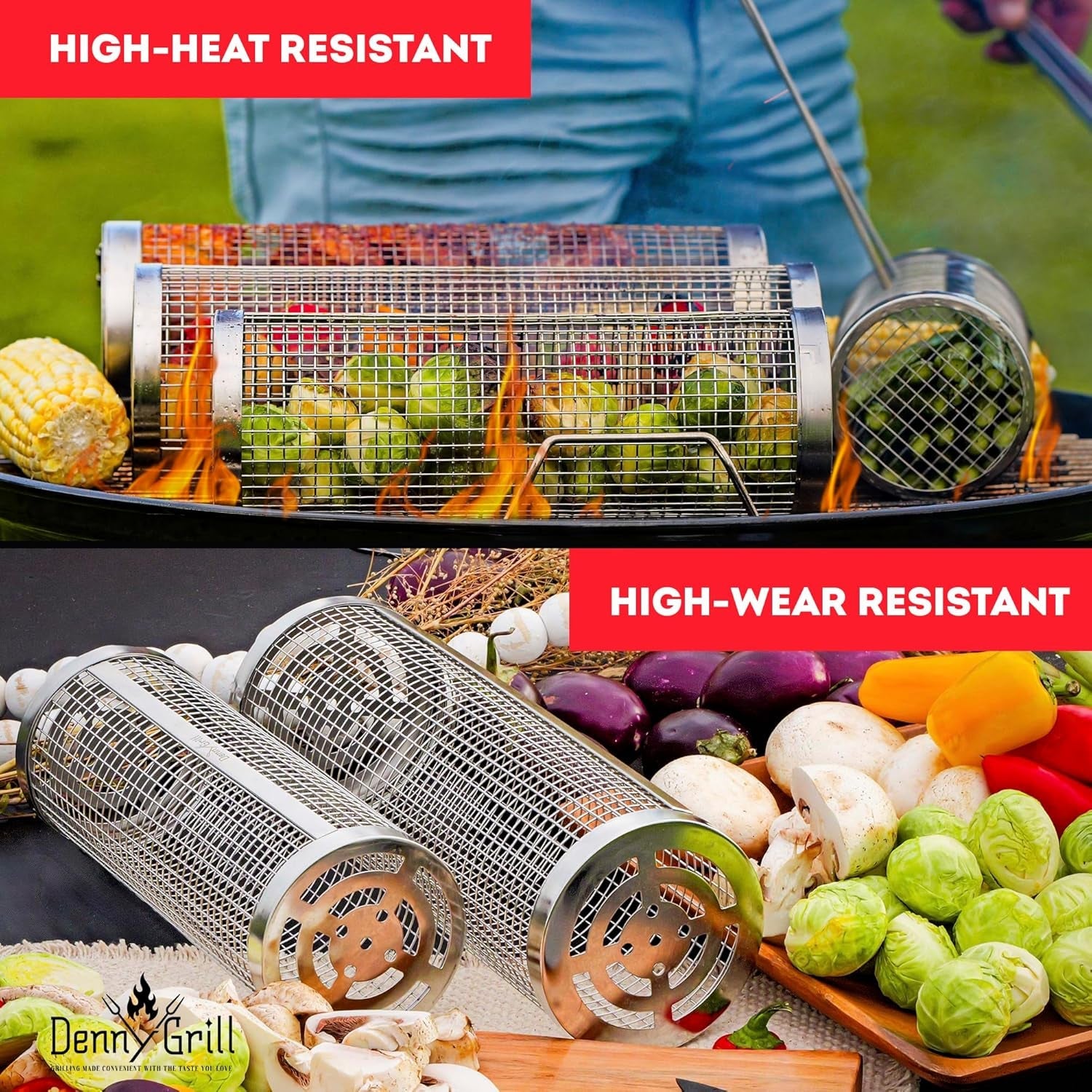 Baskets for Outdoor (2PCS. 2024 Upgraded) - Rolling Grilling Barbecue 360 Cylinder Accessories for Cooking Vegetables Fish Meat BBQ Outdoor - 304 Stainless Steel Basket Cool Thing for Gift for Men and Camping - Image 6