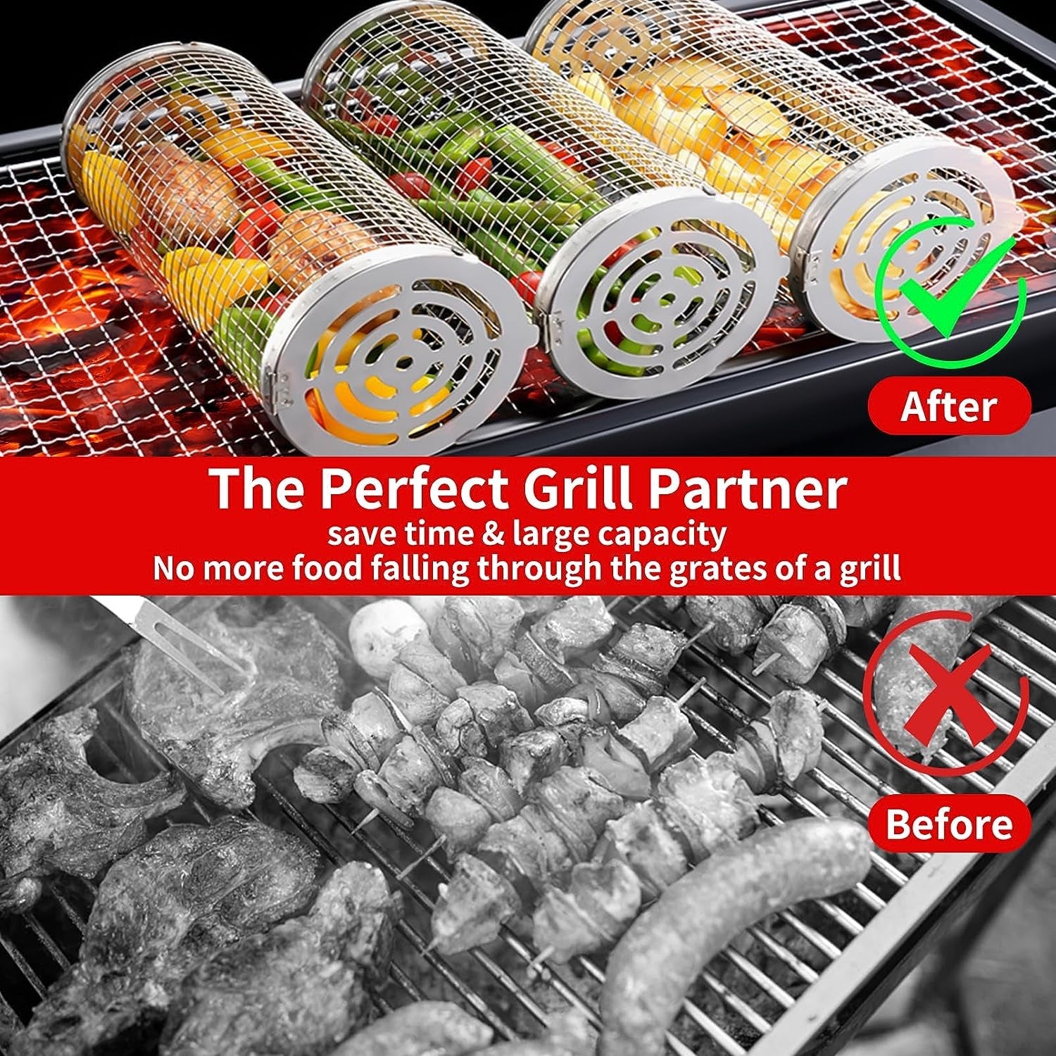 Rolling Grilling Baskets for Outdoor Grill Bbq .Stainless Steel Grill Mesh Barbeque Grill Accessories.Outdoor round BBQ Stainless Steel Grill Basket Campfire Grill Grid - Camping Picnic Cookware (2Pc-12.2In*3.9In+11.8In*3.5In) - Image 5
