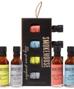 Smokehouse by Thoughtfully. Gourmet BBQ Sauce Sampler Set. Vegan and Vegetarian. Flavors Include Honey Chipotle. Smoky Bourbon. Sweet and Spicy. and Bacon BBQ Sauce. Pack of 4