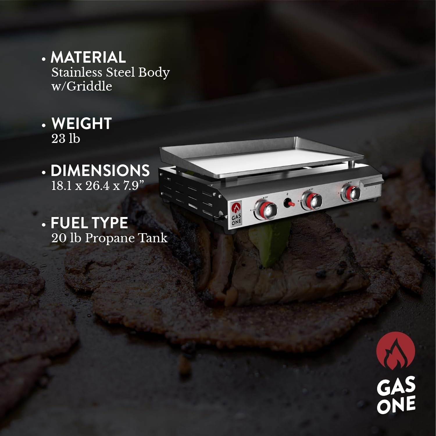 Gas One Flat Top Grill with 3 Burners Auto Ignition Propane Portable Stainless Steel Tabletop Grill with Pre Season Griddle Convenient Drip Tray Ideal for RV. Camping - Image 3