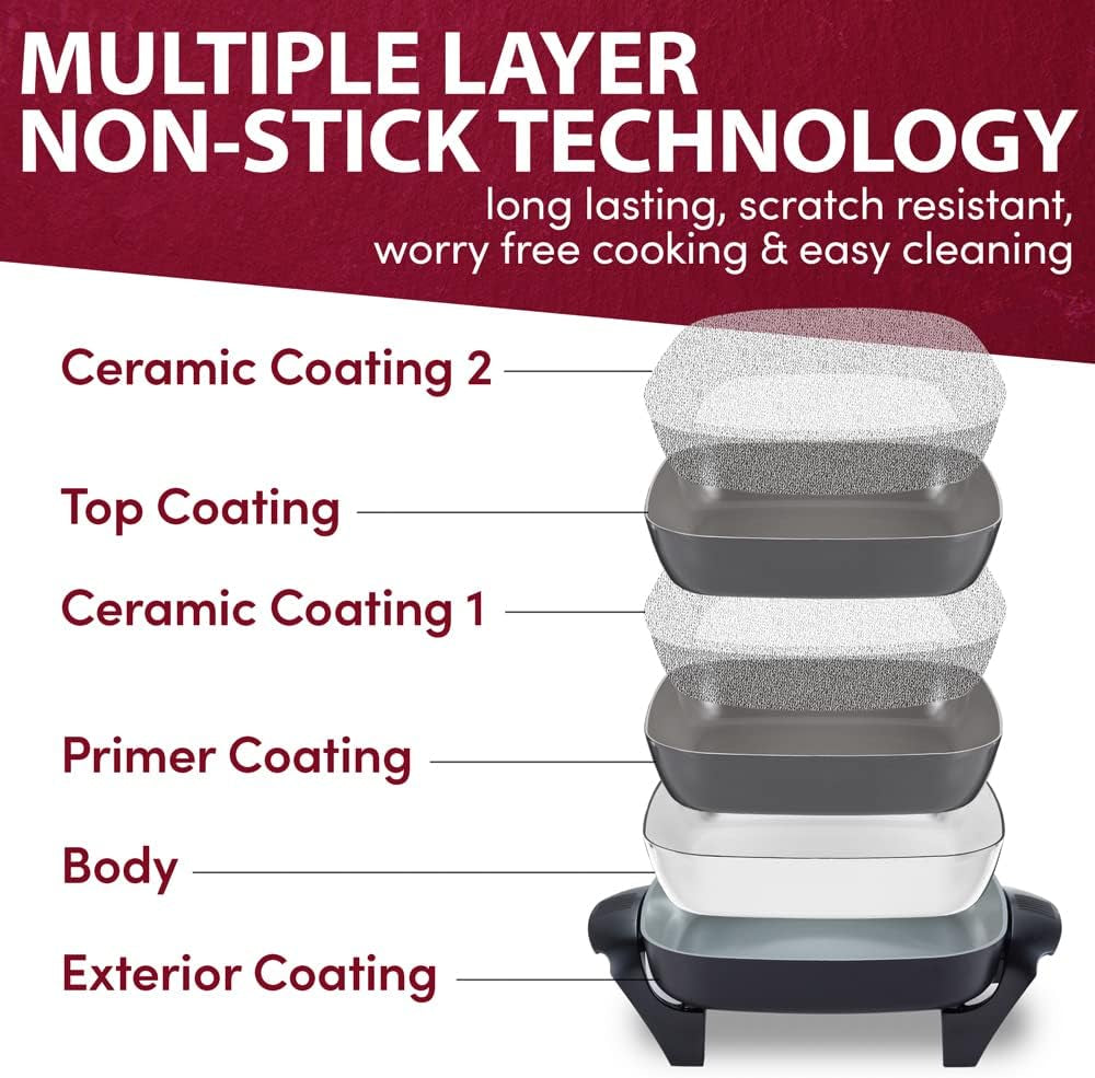 Elite Gourmet EG2212 12X12X2.15 Ceralast™ PFAS Free Ceramic Electric Skillet. Dishwasher Safe. Rapid Heat Up. 1200W. Dark Grey - Image 2
