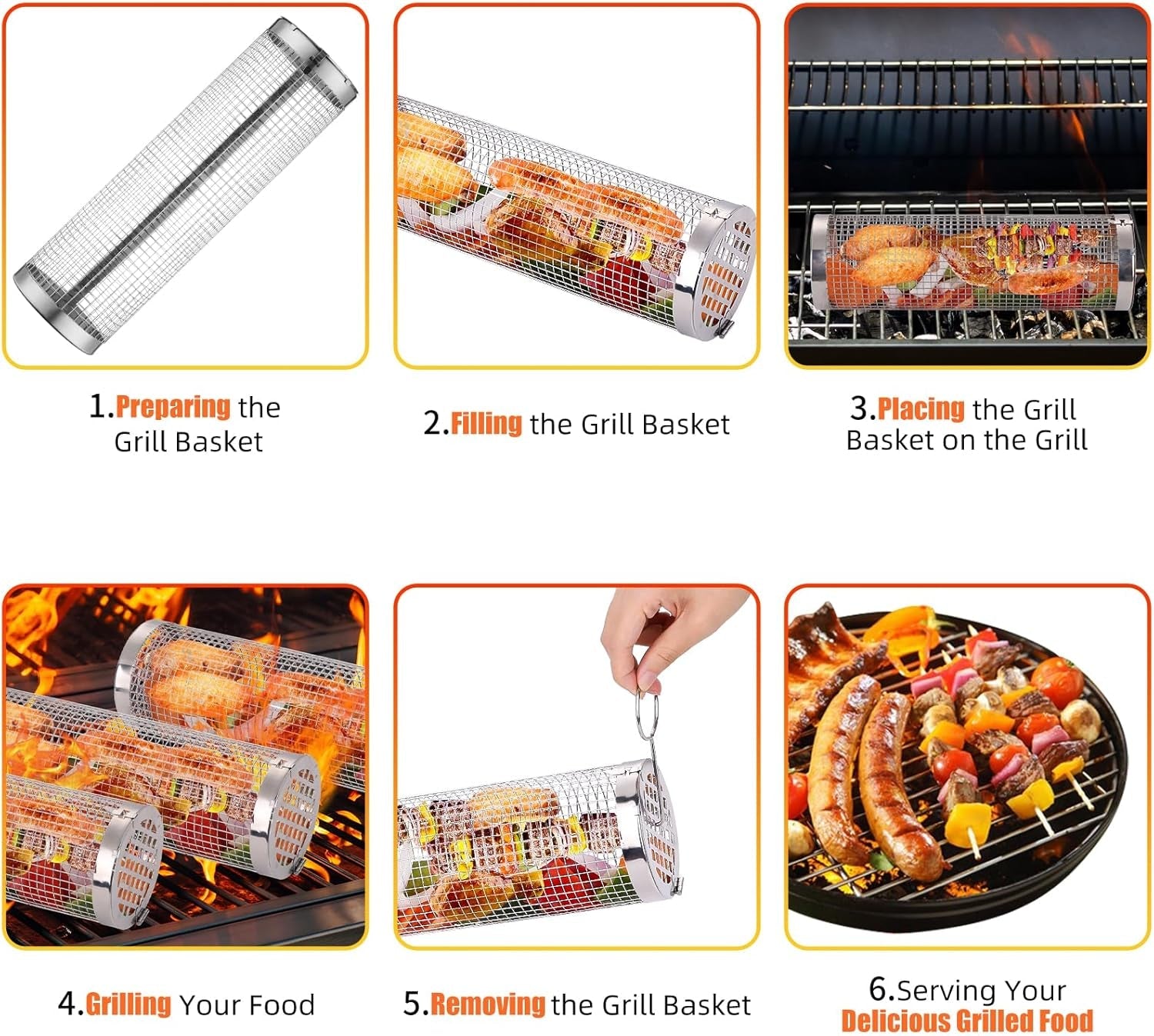 Rolling Grill Baskets. 2Pack Outdoor Veggies Grill BBQ Net Tube Tools Set. Stainless Steel round Mesh Rotation Barbecue Cylinder Cage Camping Cooking Accessories for Shrimp. Meat - Image 4