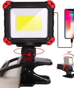 LED Rechargeable Work Light with Clamp. 2100LM COB Magnetic Clip on Worklight 270° Rotating with Mobile Charger. Portable Clamp Work Light for Boats. Car Repairing. Job Site Lighting(1Pack)