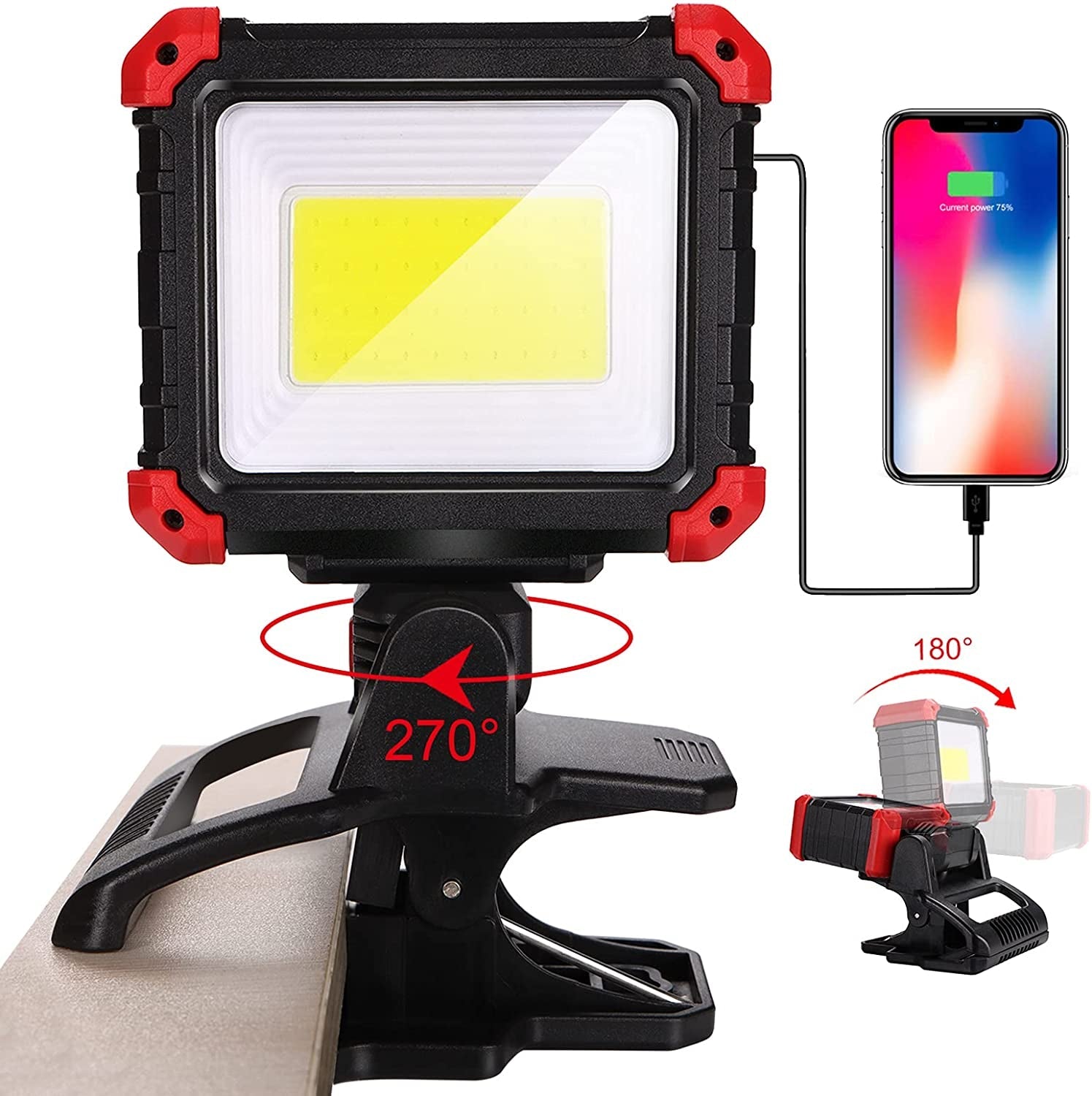 LED Rechargeable Work Light with Clamp. 2100LM COB Magnetic Clip on Worklight 270° Rotating with Mobile Charger. Portable Clamp Work Light for Boats. Car Repairing. Job Site Lighting(1Pack)
