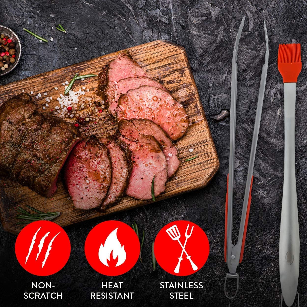 Grill Set. Heavy Duty Thick Stainless Steel Grilling Utensils 5 Piece Grilling Set. Tong. Fork. Spatula. Basting Brush Extra Long Grill Accessories - Image 3