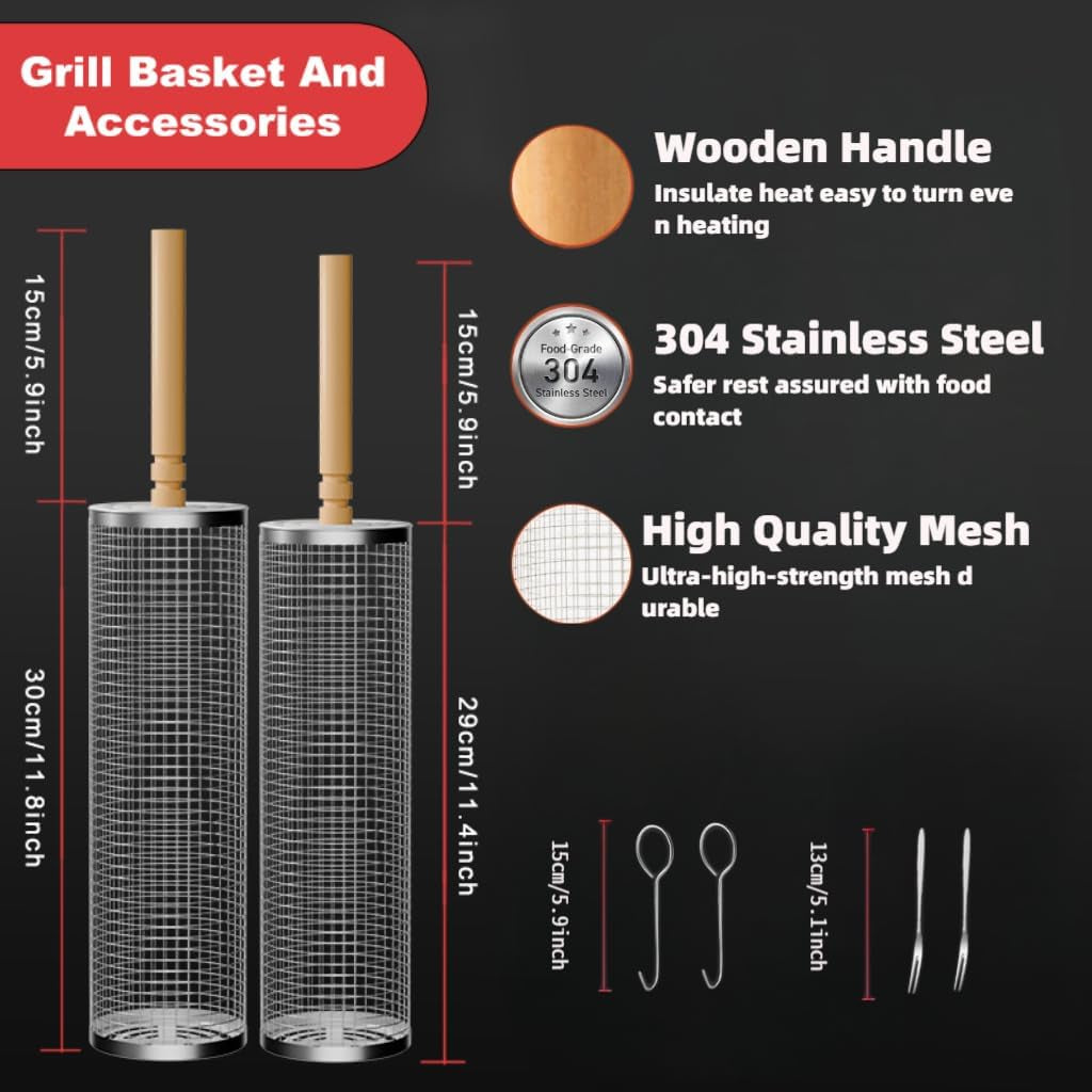 Nesting Rolling Grill Baskets 2PCS.304 Stainless Steel BBQ Tools with Removable Wooden Handle for Vegetables.Shrimp.Camping.Backyard.Outdoor Grilling Accessories.Grilling Gifts for Men - Image 2