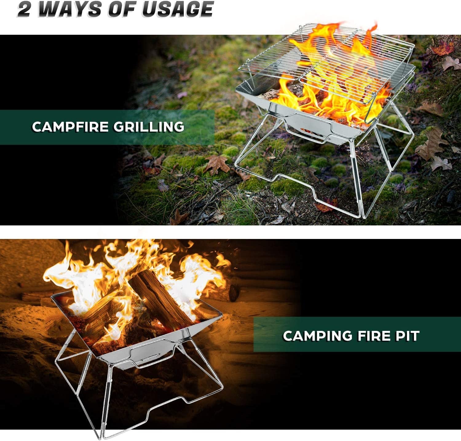 Odoland Folding Campfire Grill. 304 Stainless Steel Grate Barbeque Grill. Portable Camping Grill with Legs for Picnics. Backpacking. Outdoor with Carrying Bag and Kitchen Tongs - Image 2