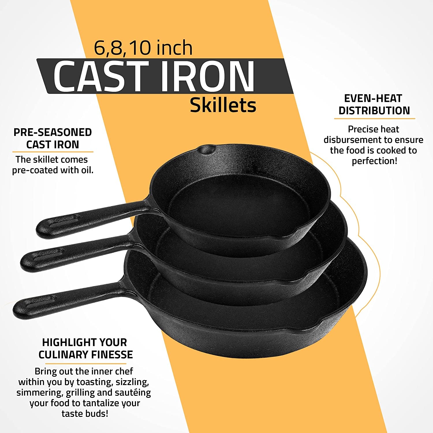 Utopia Kitchen Cast Iron Skillets 3 Piece Set. Chefs Pan. Pre Seasoned Cast Iron Skillets. 6. 8 & 10 Inches. Easy Use in the Oven. Stove. Grill. or Campfire. Black - Image 4