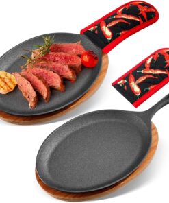 Lallisa 2 Sets Cast Iron Fajita Plate Set Fajita Plate Pan with Wooden Tray anti Scald Protection Hot Mitt Cast Iron Skillet Set for Home Barbecue Kitchen Party Restaurant Catering Service