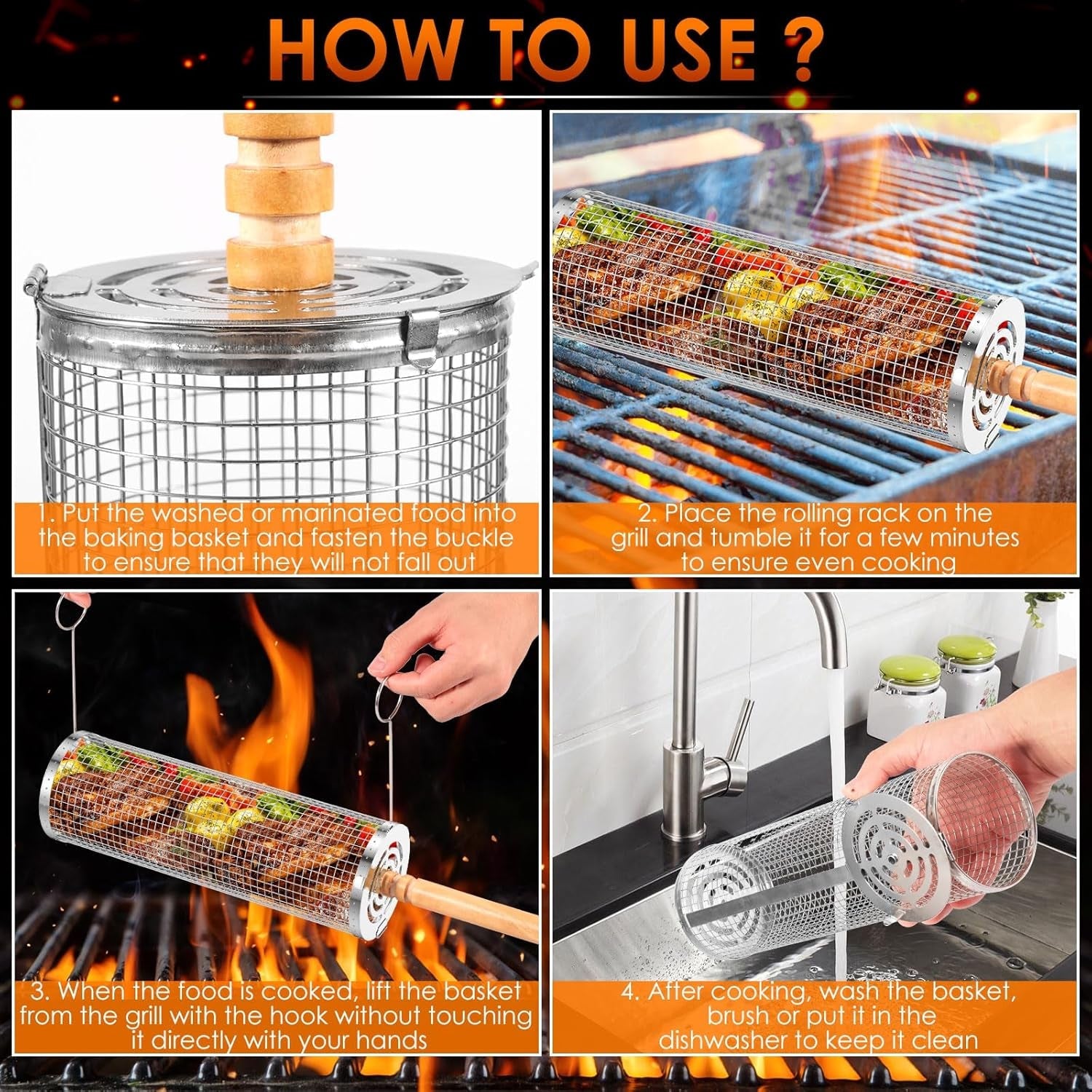 Rolling Grill Baskets for Outdoor Grill. Nesting Grill Baskets with Wood Handle Stainless Tube round Rolling Grill Net Rolling Basket for BBQ Cooking Camping - Image 7
