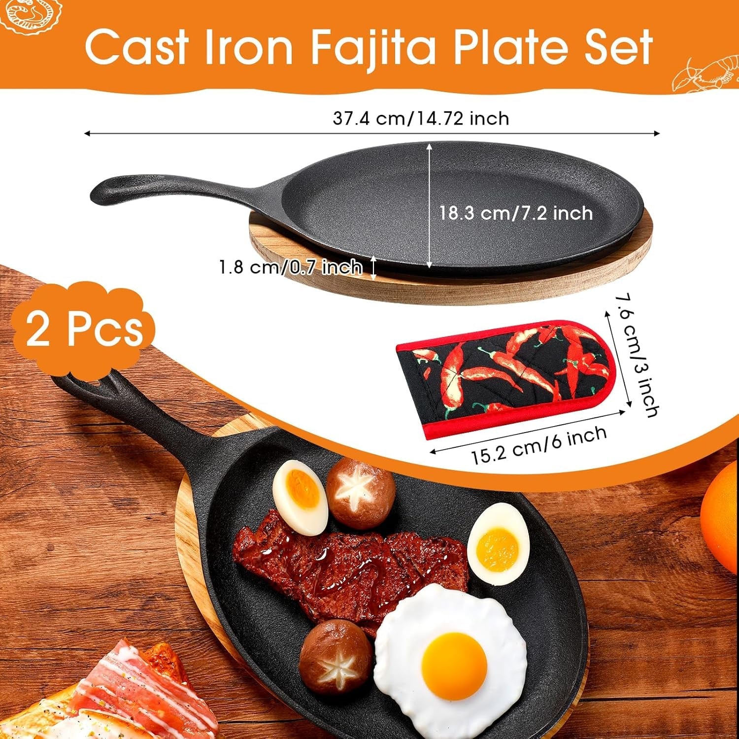 Lallisa 2 Sets Cast Iron Fajita Plate Set Fajita Plate Pan with Wooden Tray anti Scald Protection Hot Mitt Cast Iron Skillet Set for Home Barbecue Kitchen Party Restaurant Catering Service - Image 2