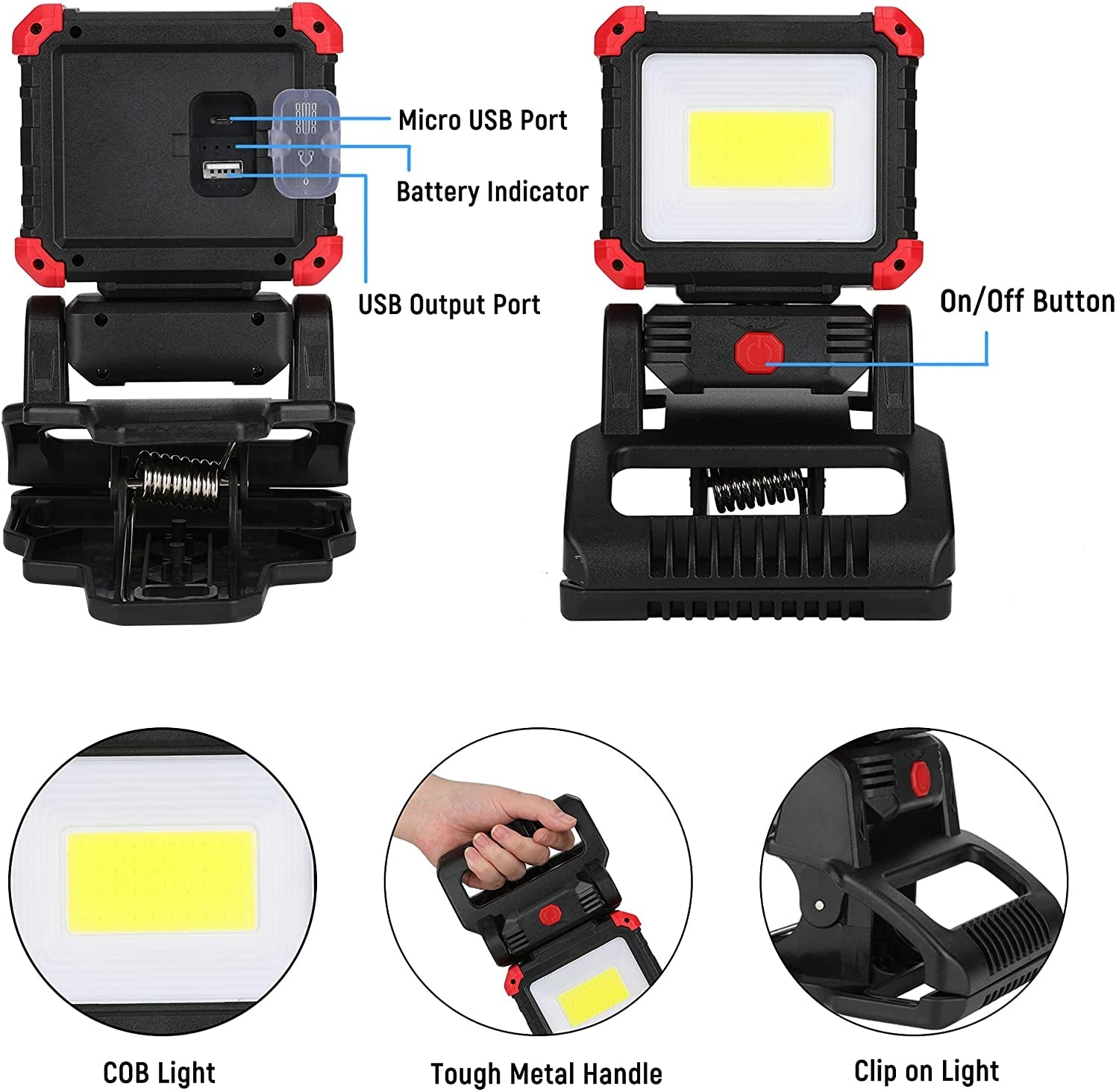 LED Rechargeable Work Light with Clamp. 2100LM COB Magnetic Clip on Worklight 270° Rotating with Mobile Charger. Portable Clamp Work Light for Boats. Car Repairing. Job Site Lighting(1Pack) - Image 2