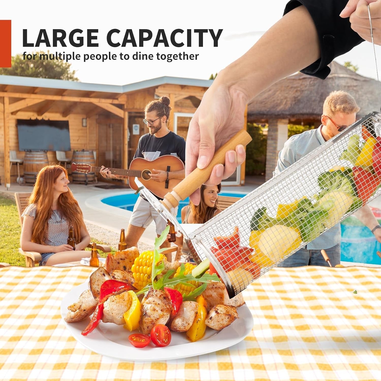 Nesting Rolling Grill Baskets 2PCS.304 Stainless Steel BBQ Tools with Removable Wooden Handle for Vegetables.Shrimp.Camping.Backyard.Outdoor Grilling Accessories.Grilling Gifts for Men - Image 5